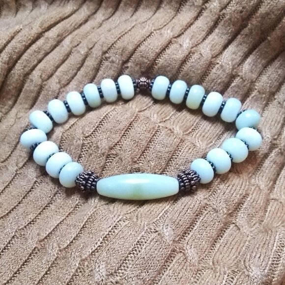 Palest Green Jade Bracelet - Barrel Bead + Rondelles + Copper Spacers 7-7.5" - Picture 1 of 7